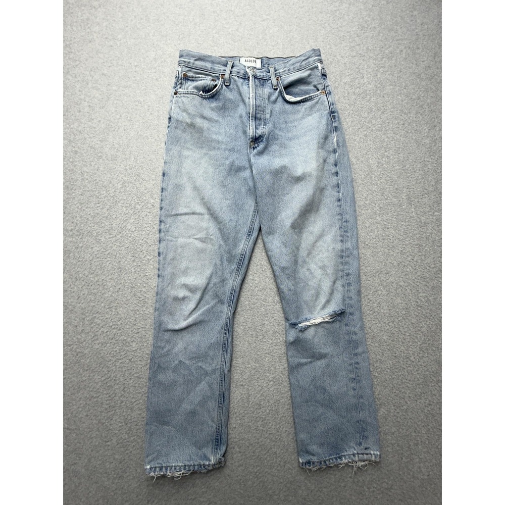 AGOLDE Riley Crop Jeans Womens 26 Blue High Rise Distressed Button Fly Raw Hem